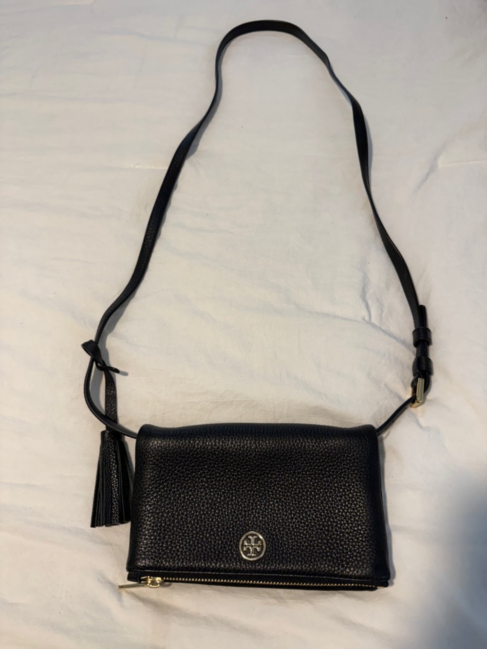 Tory Burch Black Pebbled Leather Crossbody with Tassel